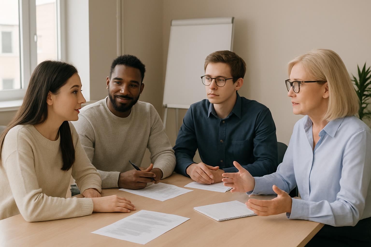 Quatre professionnels plus sentimental et sérieux ont une discussion à la table.
