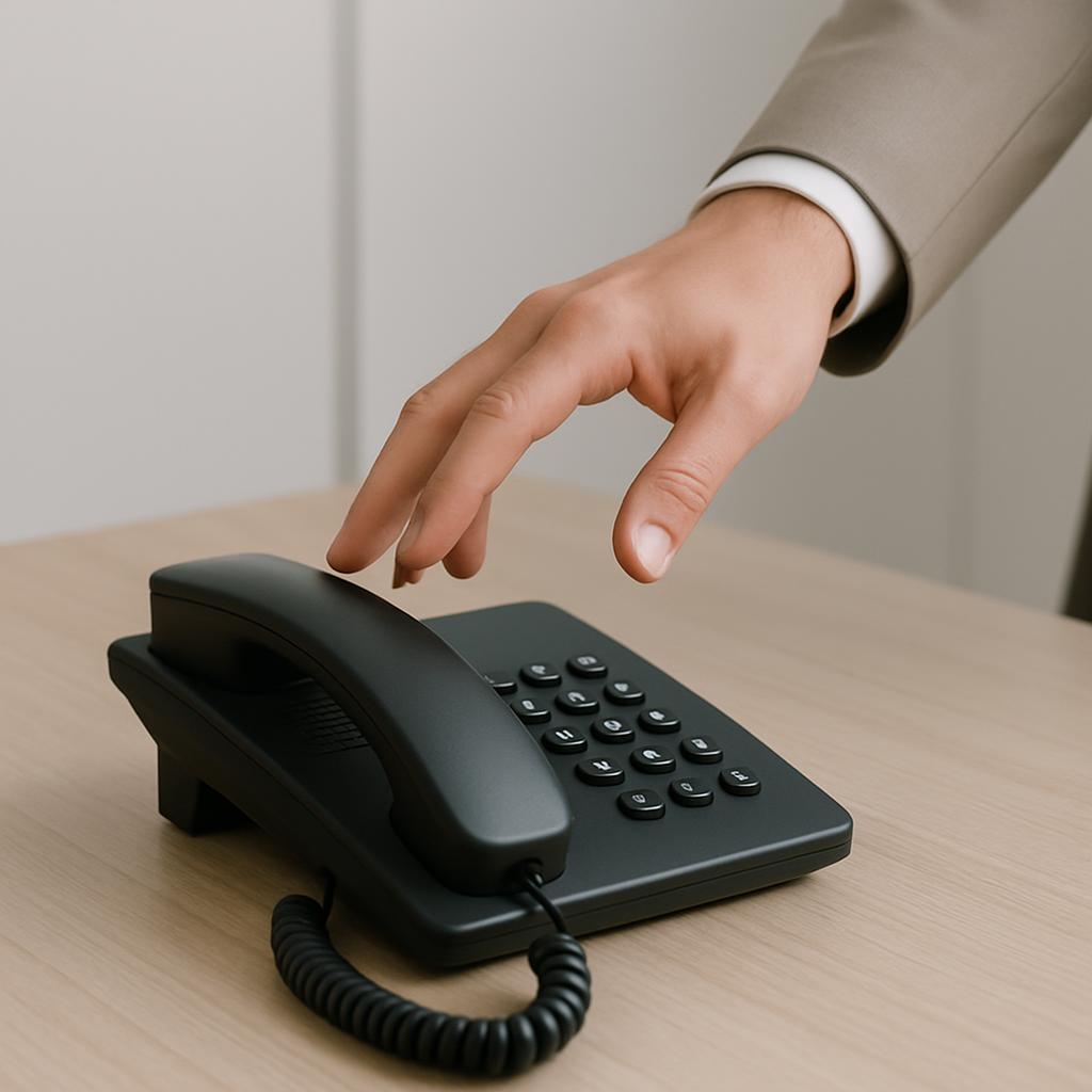 Image depicts a person about to pick up a phone on a desk.